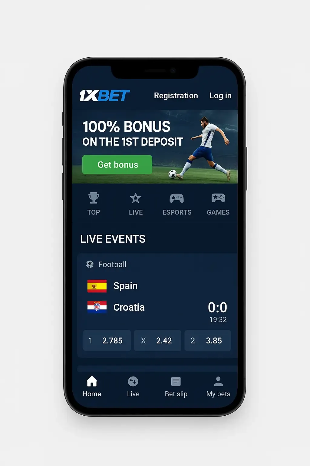 Главный экран мобильной версии 1xbet с разделами ставок и игр казино